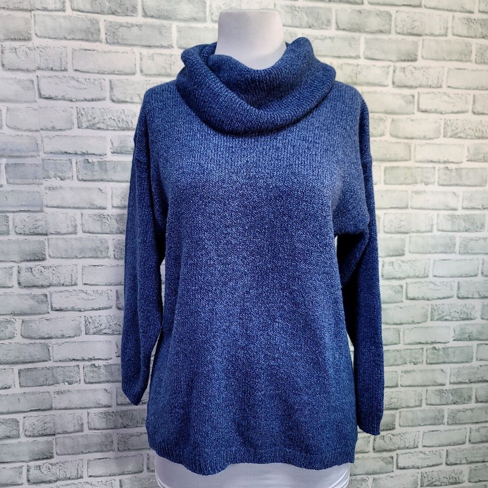 Vintage 80s In Charge Womens L‎ Blue Knit Cowl Turtleneck Pullover Sweater